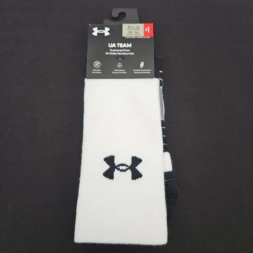 Under Armour UA Team Cushioned Crew Socks Men's Size 8.5-13 White Black New
